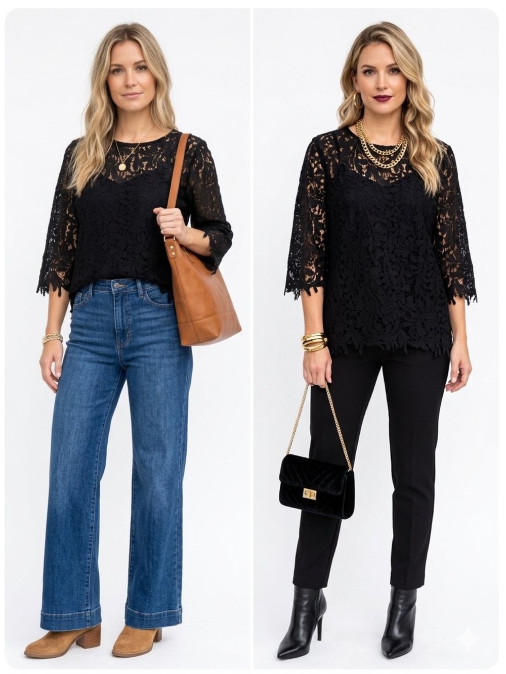 WD.NY Black Lace Three-Quarter Sleeve Blouse Gold Back Zipper size L May Fit M